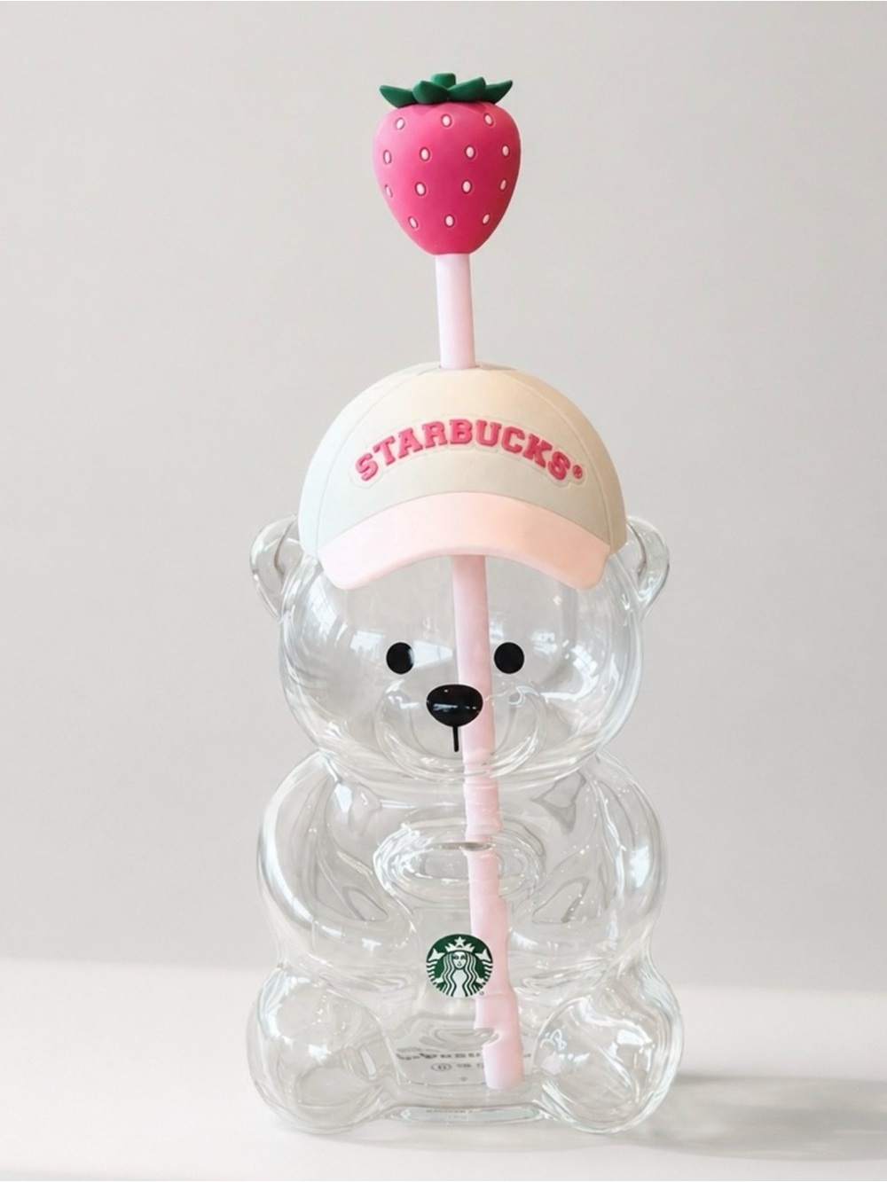 Starbucks Clear Bear Bottle with Pink Strawberry Straw and Pink Cap
